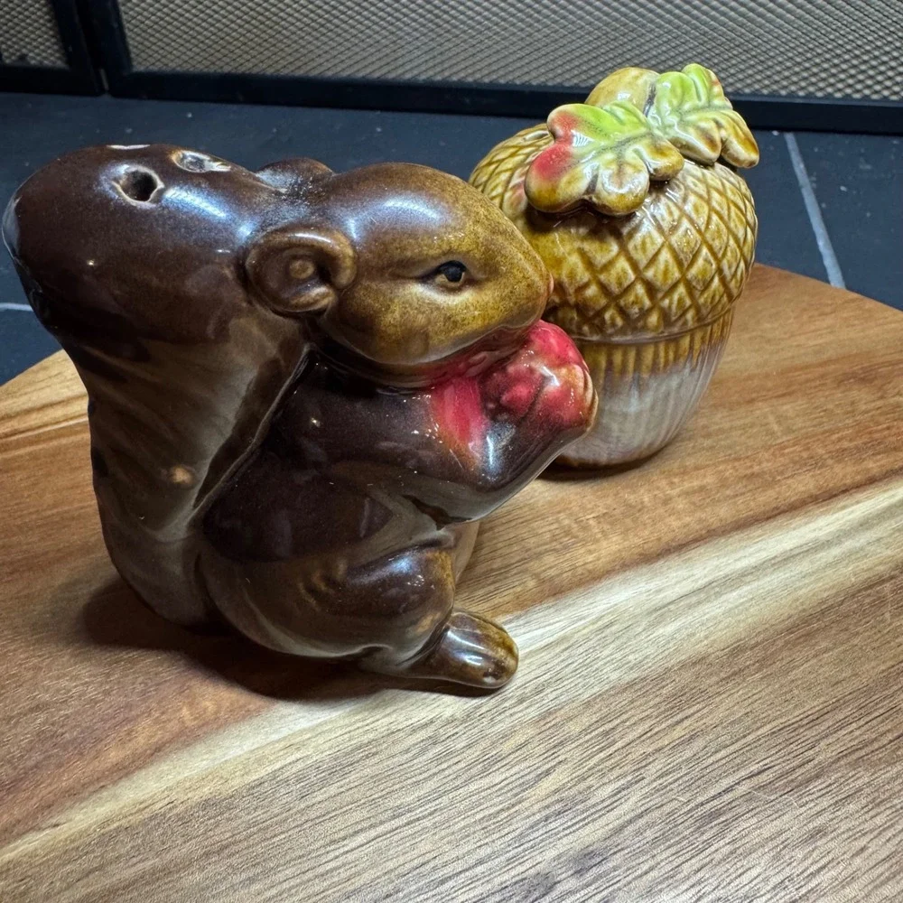 Vintage Ceramic Squirrel and Acorn Salt and Pepper Shaker Set Brown Fall Decor